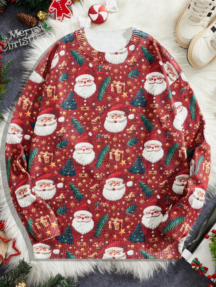 Manfinity VCAY Maglione casual da uomo a maglia, vestibilità ampia, maniche lunghe, con stampa a motivo natalizio, adatto per l'autunno e l'inverno - Rosso - Visualizzare 1