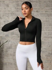 Seamless Thumb Hole Zip Up Long Sleeve Active Jacket - Black - View 4