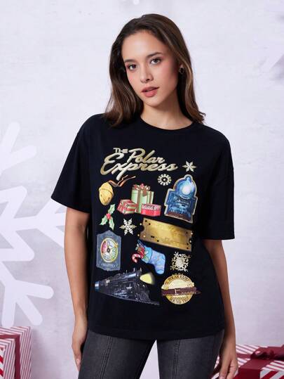 THE POLAR EXPRESS X SHEIN Women's Casual Christmas Graphic Dropped Shoulder Loose Black Short Sleeve T-Shirt, Summer