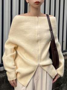 FRIFUL 1 件女式圆领前拉链落肩长袖毛衣，纯色，秋冬 - 杏色 - 查看 1