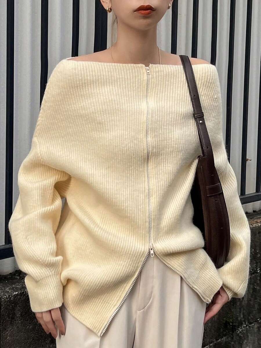 FRIFUL 1 件女式圆领前拉链落肩长袖毛衣，纯色，秋冬 - 杏色 - 查看 1