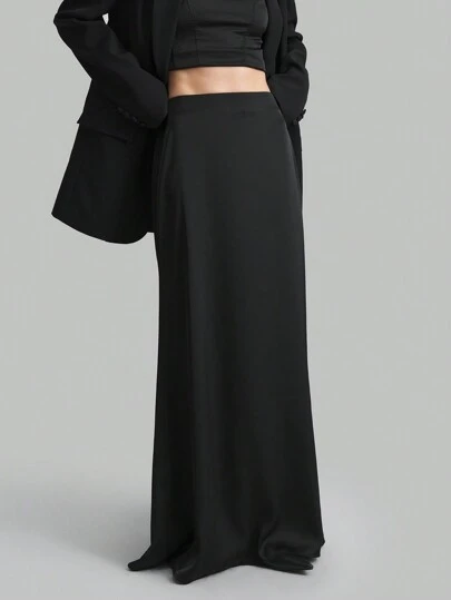 Ontre Svart maxikjol med hög midja för alla säsonger, satinkjol, mångsidig och elegant exklusiv kjol