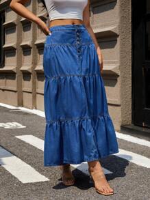 SHEIN Essnce Chân váy denim thường ngày cho nữ có nút, viền xếp nếp và chi tiết xếp ly, phù hợp cho mùa thu - Rửa tối - Xem 3