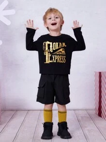 THE POLAR EXPRESS X SHEIN 年轻男孩街头服饰休闲火车和字母金箔图案圆领长袖 T 恤，适合秋冬季和圣诞节 - 黑色 - 查看 6