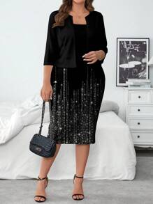 SHEIN Clasi Bộ 2 món trang phục giản dị, tối giản, in họa tiết cỡ lớn, thanh lịch, thích hợp cho mùa thu đông - màu đen - Xem 5