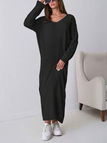 SHEIN Tall Ff Shoulder Asymmetrical Hem Bodycon Midi Sweater Dress - Black - View 6