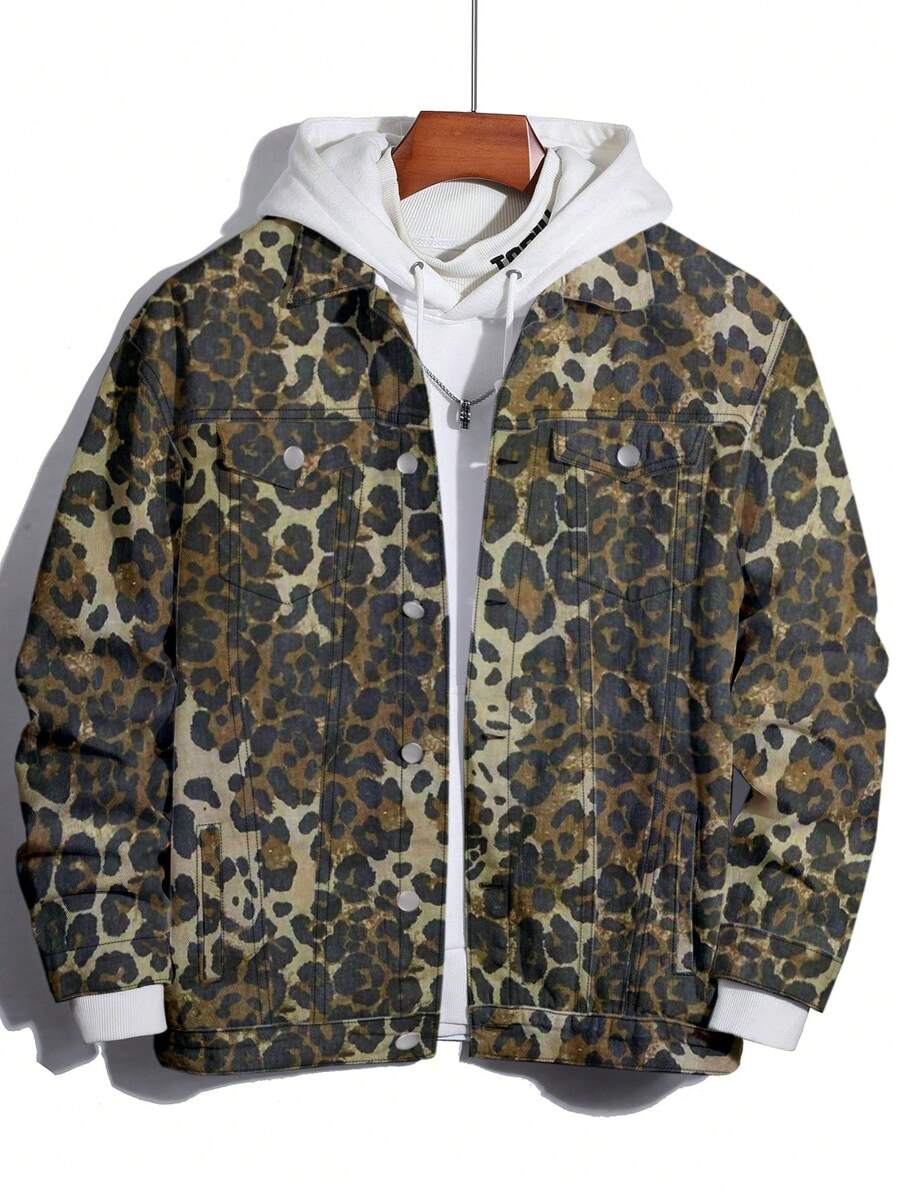 Manfinity LEGND Áo khoác denim họa tiết da báo dáng rộng có vạt cho nam không có mũ trùm đầu, phong cách đường phố - Nhiều màu - Xem 1