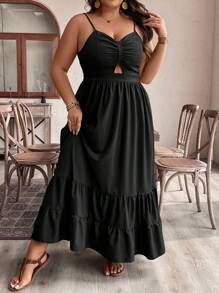 SHEIN LUNE Vestido largo de verano talla grande para mujer con abertura, tirantes finos, volantes y pliegues casuales
