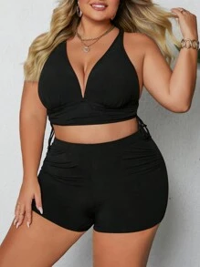 SHEIN CURVE+ Plus Size Women's Solid Color Drawstring Ruched Halter Bikini Top And Shorts 2 Pieces Swimwear Set, Summer Beach - Black - View 3