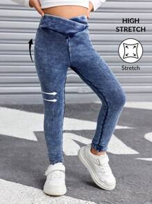 SHEIN 年轻女孩 Y2K 蓝色牛仔弹力紧身牛仔裤，柔软舒适的针织牛仔紧身裤 - 深色水洗藍 - 查看 8