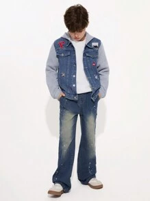 Jeans de pierna recta y acampanada, de estilo suelto y versátil, en estilo casual "Y2K" para niños preadolescentes, apropiados para uso diario y ropa de calle al aire libre - Azul lavado oscuro - Ver 3