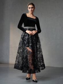 MOTF Soiréza SQUARE NECK VELVET BODICE SEQUINS EMBROIDERY MESH FLARE HEM FORMAL EVENING DRESS - Black - View 9