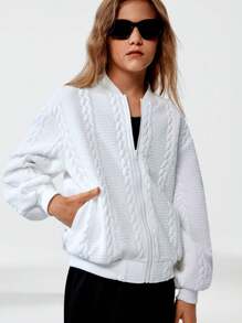 SHEIN Tween Girls Drop Shoulder Zip Front Baseball Jacket, White, Autumn - White - View 3