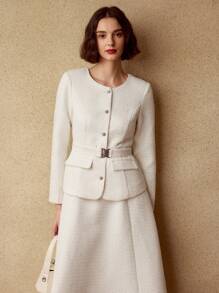 MOTF PREMIUM 粗花呢纯色系腰带喇叭下摆二合一中长连衣裙女装 - 杏色 - 查看 4