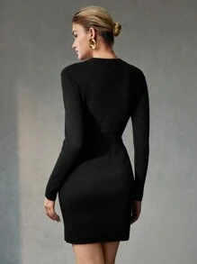 MOTF PREMIUM SOLID GOLD BUTTON DETAIL SLIM FIT SWEATER DRESS WITHOUT BELT - Black - View 4