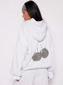 MUSERA Leopard Cherry Graphic Slouch Hooded Sweatshirt Casual - Light Grey - View 2