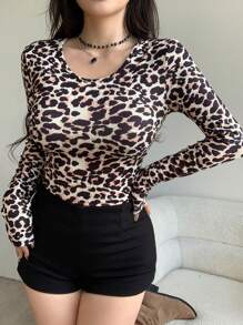 DAZY Women's Autumn Fashionable Leopard Print Fitted T-Shirt Cheetah Print Long Sleeve Women Tops,Fall Women Clothes - Camel - View 10