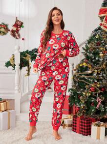 SHEIN Bộ đồ ngủ dài tay in họa tiết Giáng sinh vui nhộn tối giản cho nữ, trang phục thường ngày - Đỏ - Xem 5