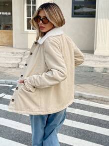 SHEIN Frenchy Damen Jacke mit flauschigem Kragen, zweifarbig, aus Cord mit gerüschtem Saum, beheizt, thermisch, flauschig, pelzig, Damenkostüme, Herbst, Pendeln, minimalistisch, Büro, Old Money, Thanksgiving, Knopf, Retro, elegante Damen, Festivalkleidung, Business Lässig Damen