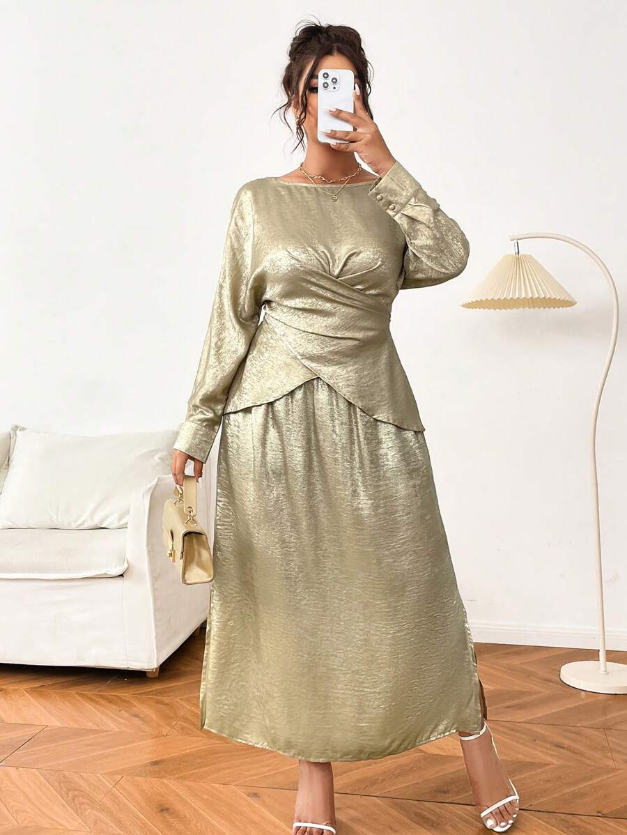 Flirla 加大码纯色圆领交叉裹身长袖上衣和裙子优雅两件套 - 金色 - 查看 1