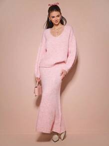Enchnt Suéter casual de mujer con cuello en V de manga larga, color rosa