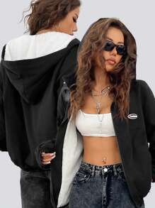 SHEIN EZwear Women's Winter Y2K Basic Streetwear Knit Keep Warm With Fleece Zip Up Padded Patched With Pockets Fluffy Inside Comfy Black Loose Hooded Long Sleeve Hoodies For Halloween Outfits Letter Patched Detail Drop Shoulder Teddy Lined Zipper Front