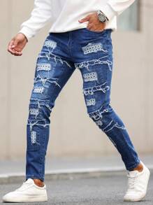 Manfinity LEGND Jeans ajustados de mezclilla para hombre con bolsillo y rotos, vaqueros largos ajustados de color azul oscuro liso deshilachado, regalo para esposo o novio