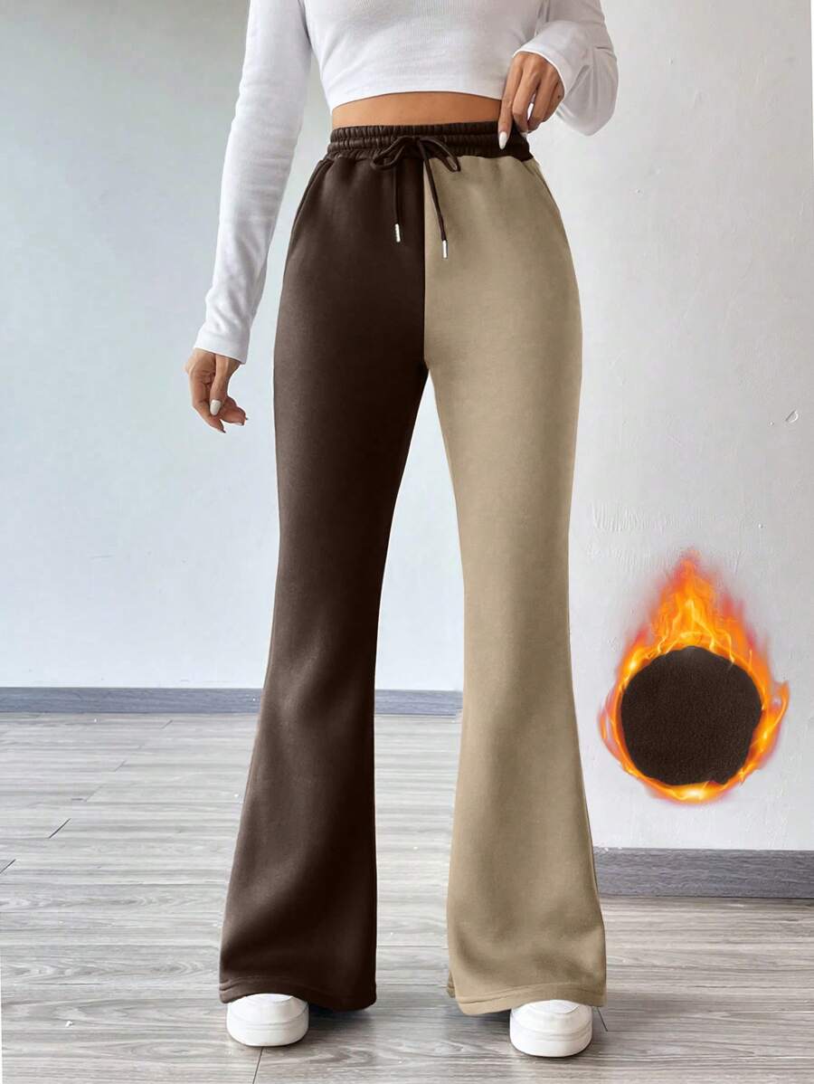 Chiquease 女士紧身保暖内衬厚款微喇叭裤，百搭秋冬季 - 咖啡棕 - 查看 1