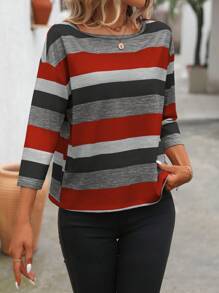 EMERY ROSE 女士休闲全条纹印花宽松圆领 3/4 袖 T 恤图案 T 恤女式上衣 - 彩色 - 查看 6