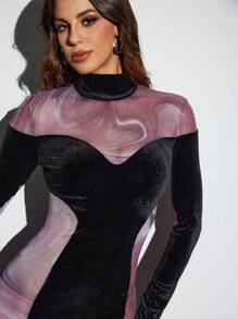 Keshae Trotter Designer Velvet And Printed See-Through Mesh Bodycon Dress Outfit, For Holiday, Party, Birthday Outfits, Spring & Summer, Festival, Prom Dress - Black - View 7