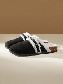 Solecia Women Metal Buckle Casual Fashion Black Fluffy Slippers For Christmas And New Year Holiday Vibe Fall And Winter - Black - View 1