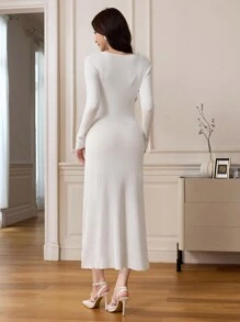 Modelyn 1pc Women's Elegant Fitted Slimming Knit Cocktail Dress For Party And Formal Events - White - View 2