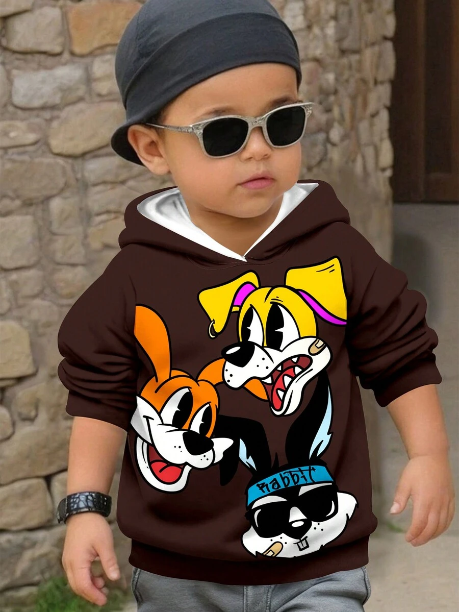 SHEIN Áo nỉ dài tay có mũ, kiểu dáng rộng rãi, thoải mái, mát mẻ, họa tiết chó và thỏ hoạt hình dành cho bé trai, thích hợp mặc hàng ngày vào mùa thu/đông. - Nhiều màu - Xem 1