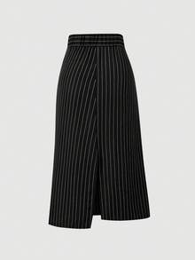 Black & White Striped Mid-Length Skirt, Slimming Design - Black and White - View 2