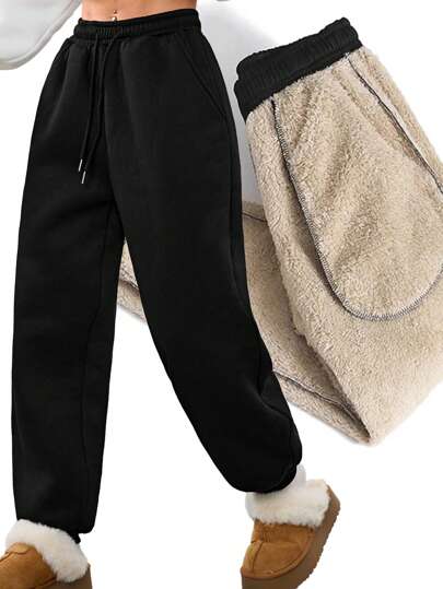 Coolane Women's Fall/Winter Streetwear Basic Knit With Fleece Drawstring Elastic Waistband Comfy Black Mid Rise Wide Leg Cuffed Sweatpants Solid Color Waist Tie Loose Straight Leg Casual Fleece Pants Graduation,Back To School Outfits,Graduation,Teacher Outfits For Women,Back To School