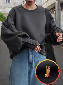 FRIFUL Áo nỉ chui đầu dáng rộng thoải mái cho nữ mùa thu/đông, lót nhiệt - Màu xám đen - Xem 1