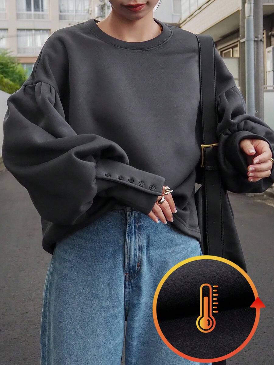 FRIFUL Áo nỉ chui đầu dáng rộng thoải mái cho nữ mùa thu/đông, lót nhiệt - Màu xám đen - Xem 1