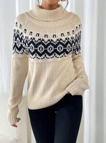 SHEIN LUNE Women's Fall Winter Casual Minimalist Geometric Pattern Long Sleeve Sweater Knit Pullover - Apricot - View 3