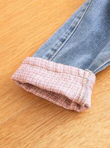 Young Girls All-Match Versatile Plaid Pocket Patchwork Washed Straight Leg Jeans, Suitable For Daily Wear