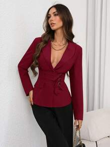 Firerie Women's Green Long Sleeve Notched Collar Blazer, Winter, Business Casual, Elegant, Burgundy , Bandage - Burgundy - View 6
