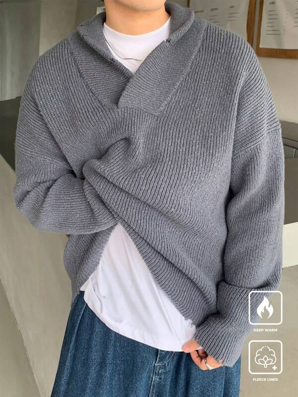 Manfinity CasualKnits Men's Collared Casual Solid Color Plain Dropped Shoulder Loose Knit Long Sleeve Sweater, For Autumn/Winter For Going Out , Friends