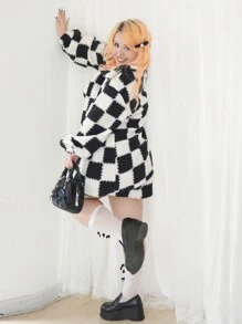 SHEIN SXY 3 件/套：大码女式毛绒黑白格子夹克、毛绒背心和裙子，秋冬 - 黑與白 - 查看 2