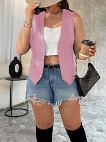 Flirla 大码女式纯色单排扣休闲背心夹克 - 粉色 - 查看 3