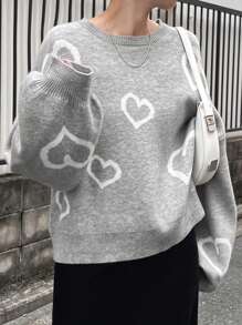 FRIFUL 1pc Women Heart Embroidery Contrast Color Loose Fit Sweater Fall,Winter