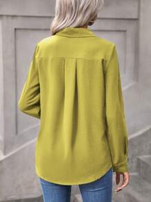 EMERY ROSE Áo sơ mi tay dài cài nút phía trước màu trơn cho nữ, cổ áo đơn giản, mặc hàng ngày - Màu xanh chanh - Xem 2