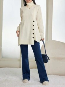 Mulvari Korean Style Loose High Neck Mid-Length Sweater Women, Slouchy Casual Pullover Knit Top, Asymmetrical Hem Minimalist Design Knit Pullover Fall Winter Outfit