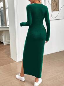 SHEIN LUNE Váy dài vừa phải, xẻ cao, lót nhiệt ấm áp, phù hợp cho các buổi họp mặt gia đình, thời trang thu/đông dành cho nữ - Màu xanh lá cây đậm - Xem 2