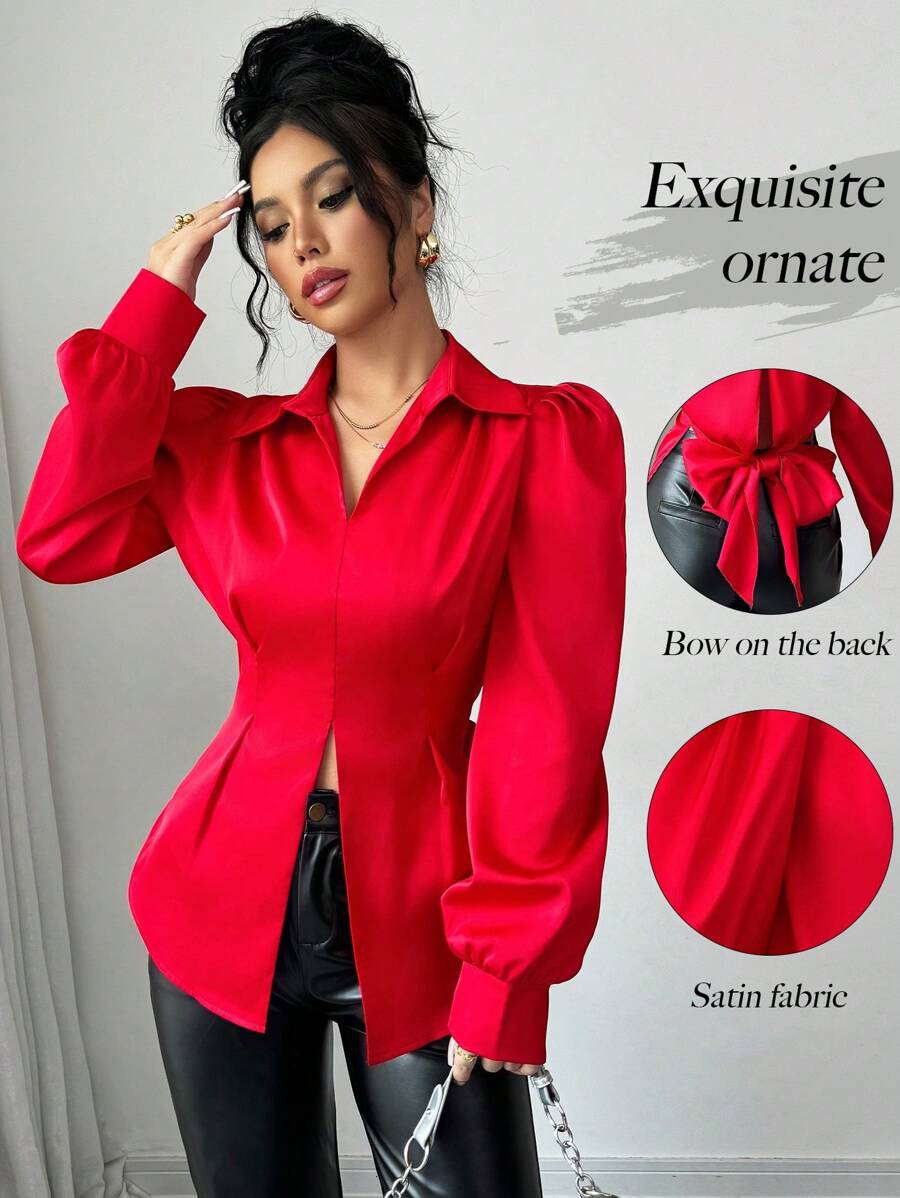 Elenzga V 领褶皱羊腿袖性感优雅系腰蝴蝶结长袖衬衫，带有设计细节，适合新年假期派对服装 - 紅色 - 查看 1