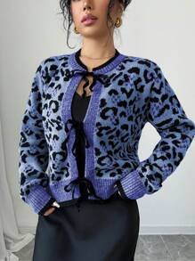 SHEIN Unity 1pc Women Leopard Print Bowknot Front Cardigan - Royal Blue - View 6