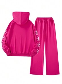 SHEIN ChillGRL Bộ 2 món/bộ áo nỉ in hình màu hồng cho bé gái và quần nỉ thường ngày phong cách Punk tối màu - Màu Hồng Tươi - Xem 6